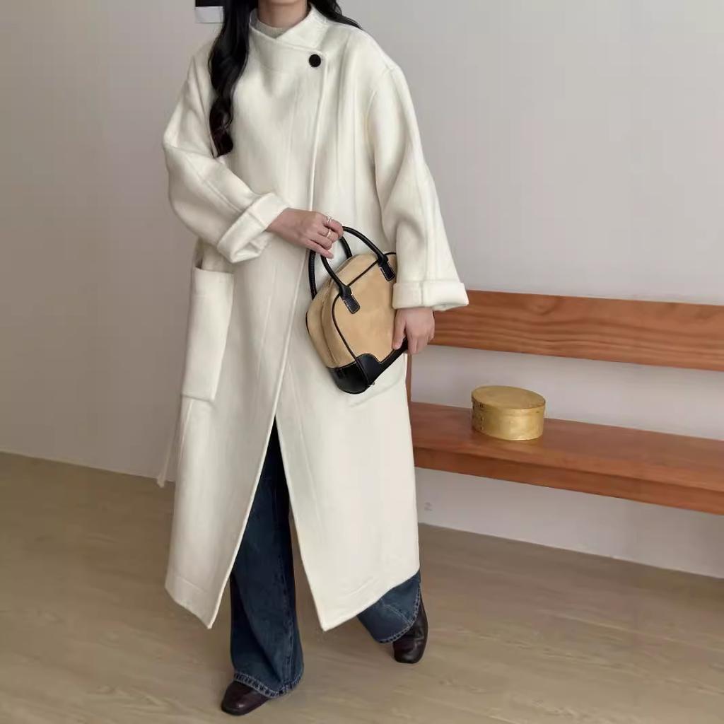 Lace-up Waist Micro Stand-up Collar Double-sided Cashmere Coat Women's New Light Luxury Loose Casual Minimalist Woolen Coat