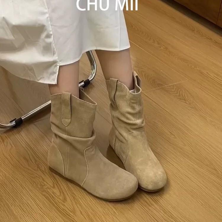 Soft Leather Version~ Short Boots Women's Retro Western Cowboy Boots 2025 Autumn New Pleated Stacking Boots Chelsea Thin Boots