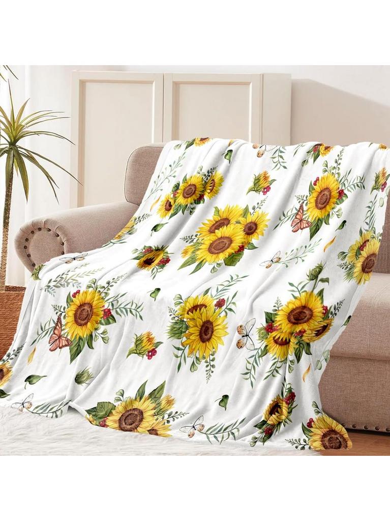 Sunflower Butterfly Blanket White Flower Printed Throw Blanket Cozy Soft Bedspread For Bed Sofa Couch Home Decor