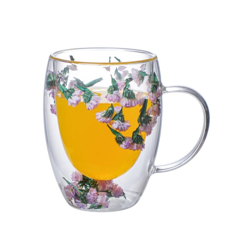 Double-layer Glass Mugs with Dry Flower and Handle for Coffee, Cocktails Elegant Glasses Cup for Entertaining Guest