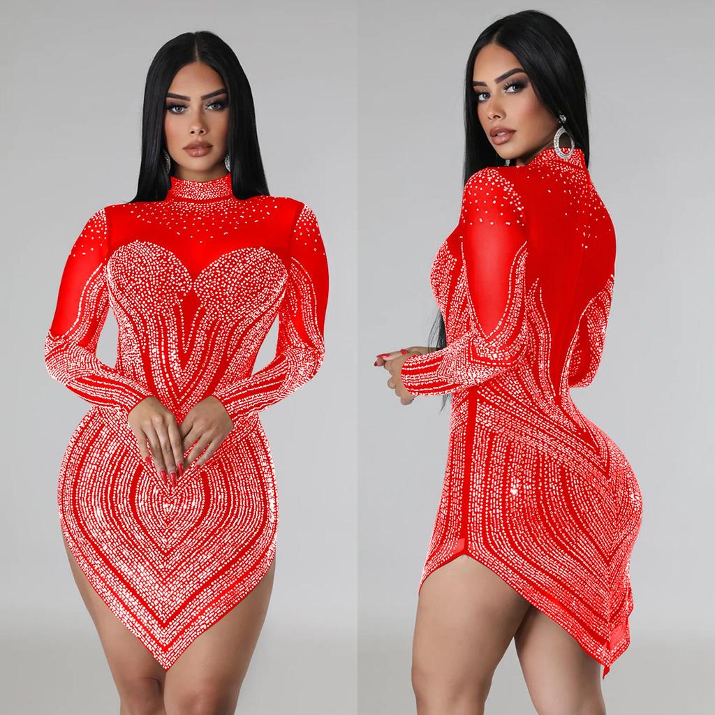 European & American Fashion Women's Solid Color Mesh Rhinestone Long Sleeve Mini Dress