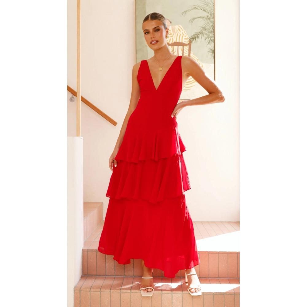 

Летний стиль Праздничный V-образный вырез Однотонный Сращивание Длинное Платье на бретельках с завязками 75 S красный