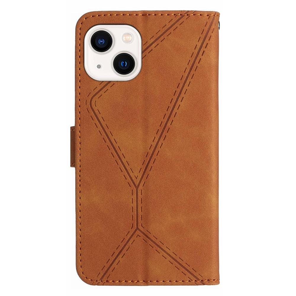 HT05 Leather Cover for iPhone 15 Skin-touch Flip Stand Wallet Imprinted Line Phone Case