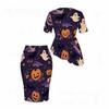 Women Plus Size Halloween Printed Round Neck Short Sleeve Asymmetric Top Fitted Skirt Two Piece Set
