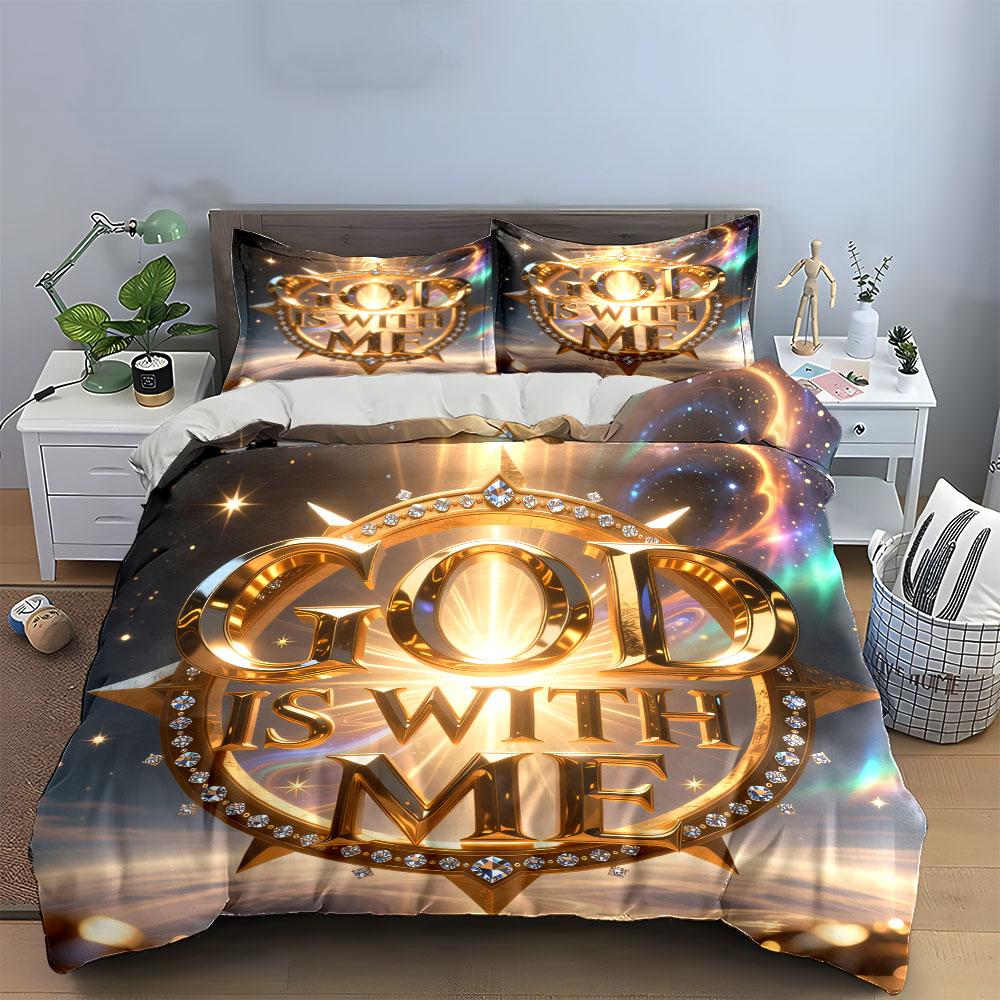 "Elegant Spiritual Gold Decor Set"Suitable for religious lovers.kid's and adults' bedroom decor,Exquisite 3PC bedding set gift