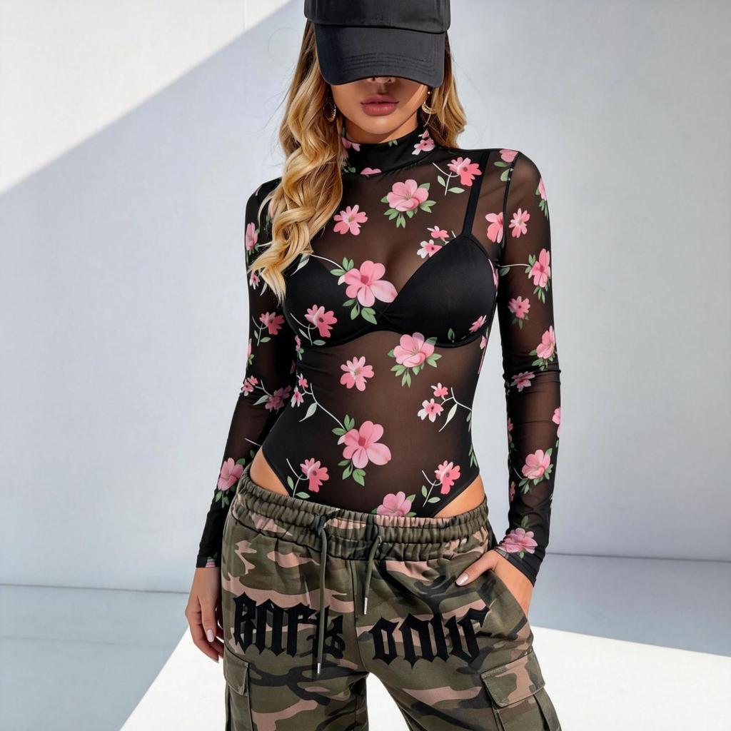 New Slim-Fit Long-Sleeve Mesh 2026 Spring Women's Sexy Sheer One-Piece T-Shirt