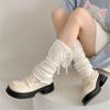 Elegant Ribbed Knit Stretch Leg Warmers Boot Cuffs Ruffled Lace Trim Bowknot Leg Cover Over Calf Long Socks for Women