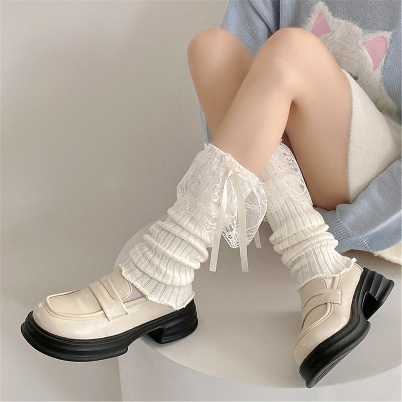 Elegant Ribbed Knit Stretch Leg Warmers Boot Cuffs Ruffled Lace Trim Bowknot Leg Cover Over Calf Long Socks for Women