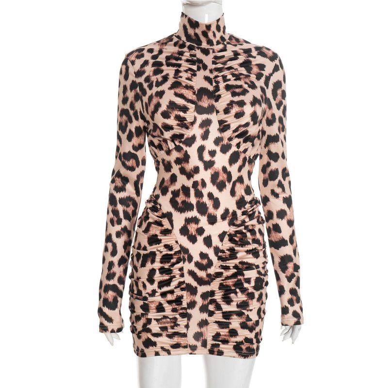 High Neck Leopard Print Pleated Dress Leopard Print S