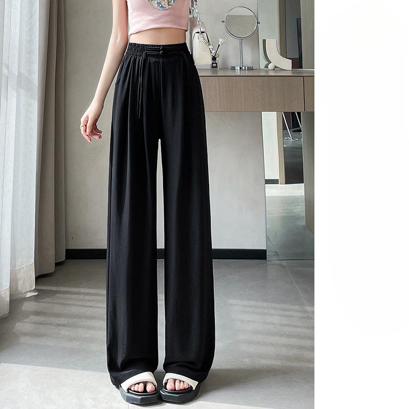 New Chinese Wide-leg Pants for Women In Summer Chinese Style, Elastic Waist, Ice-like Draping, Loose Slimming Straight-leg Casual Trousers