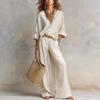 Damen V-Ausschnitt Langarm Top und Weite Hosen Set in Beige