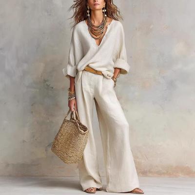 Women's V-Neck Long Sleeve Top and Wide Leg Pants Set In Beige