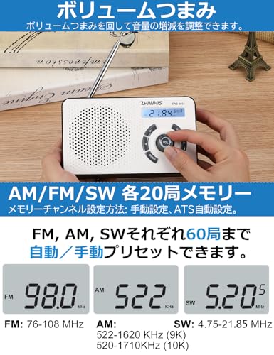 ZHIWHIS Digital Radio, AM/FM/Shortwave/Wide FM Compatible, Built-in 2000mAh Lithium Battery, Digital Clock and Alarm Function, Battery Operated, Porta