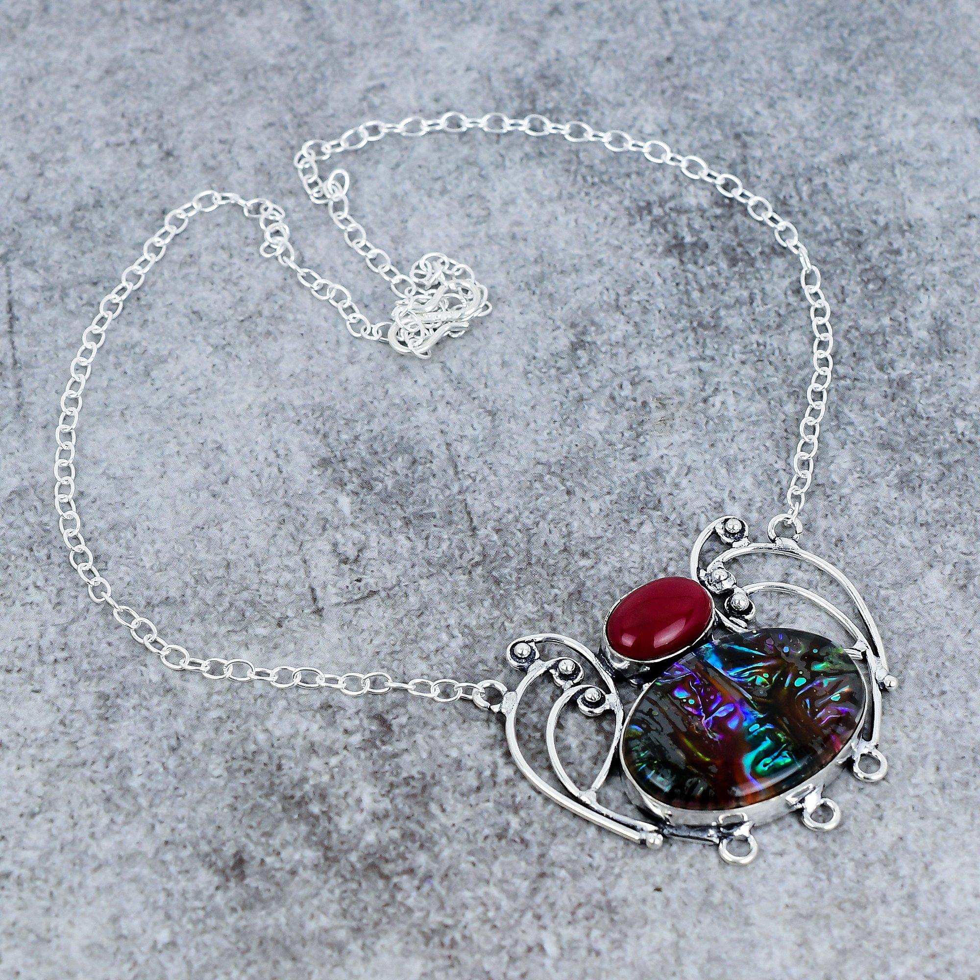 

Mexican Dico Glass, Coral Gemstone 925 Sterling Silver Jewelry Necklace 18 M-2749