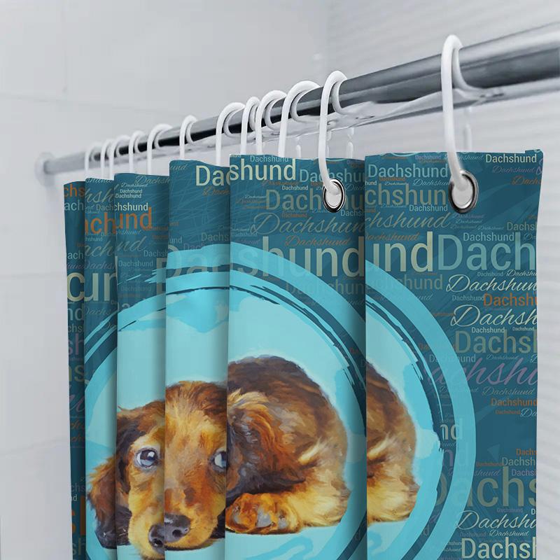 Adorable Dachshund Shower Curtain Blue Background With Red Furry Dog Design For Bathroom Decor Includes Hooks Custom Size Availa