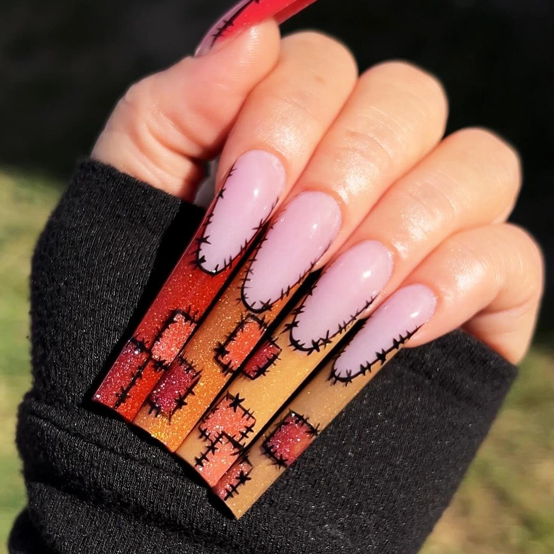 

24 шт./набір Quick Nails Extra Long French Ballet Manicure Stickers Warm Color Plaid Fake Nails Wear Nails Манікюр DIY Готові наклейки для нігтів
