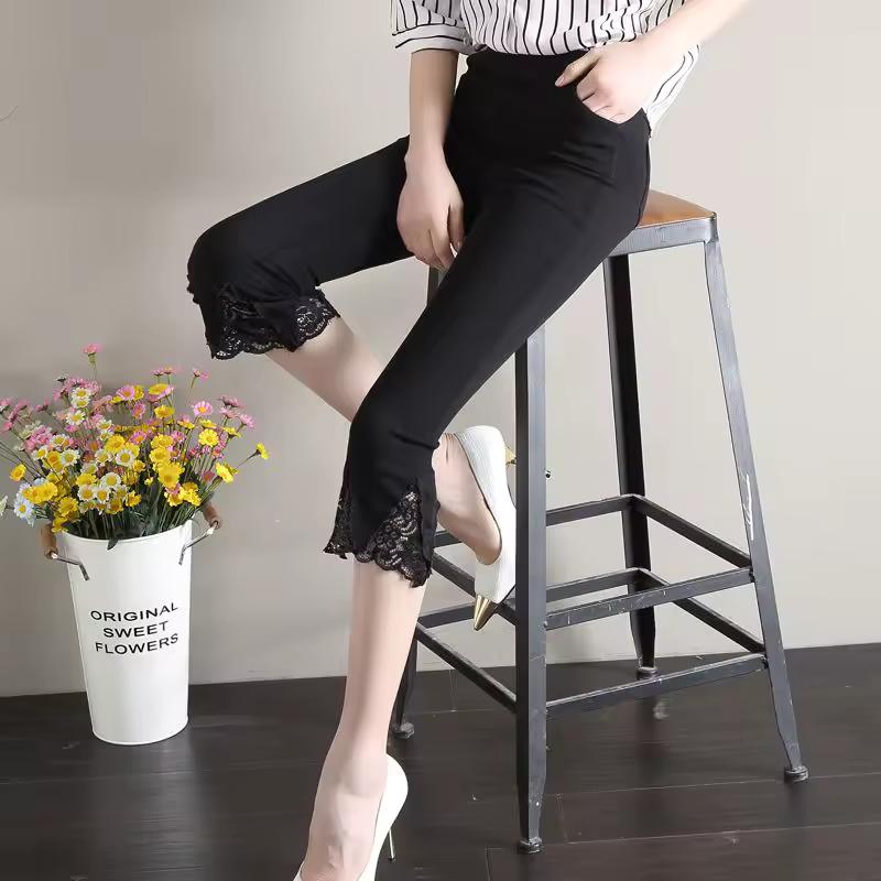 Women Summer Clothing Flare Capris Pants Thin Splicing Lace Elastic High Waist Solid Casual Slim Trousers
