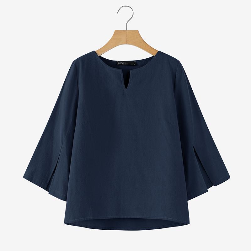 ZANZEA Women Casual V-neck Solid Color Loose 3/4 Sleeve Cotton Blouse