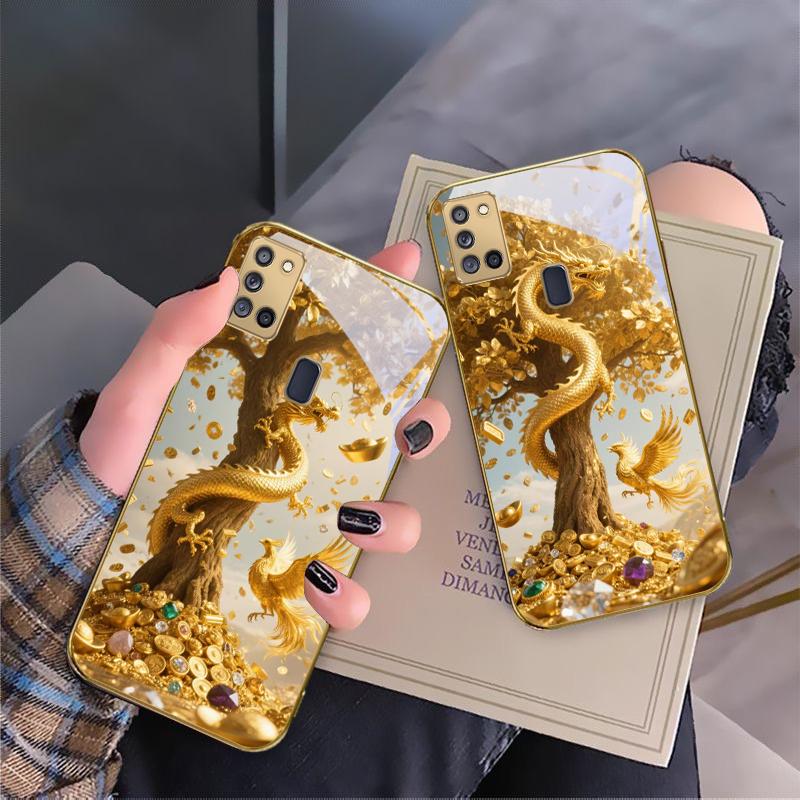 Golden Dragon Coiling For Samsung A 31 32 A33 A34 35 14 A15 13 A16 25 26 50 52 53 54 55 56 70 71 72 73 Golden glass phone case