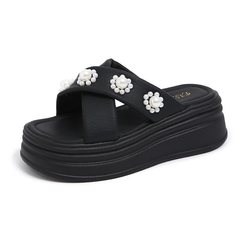 

Cross-strapped pearl Roman cool slippers for women to wear 2025 summer Korean version of the new platform beach sports sandals for women 40 чорний
