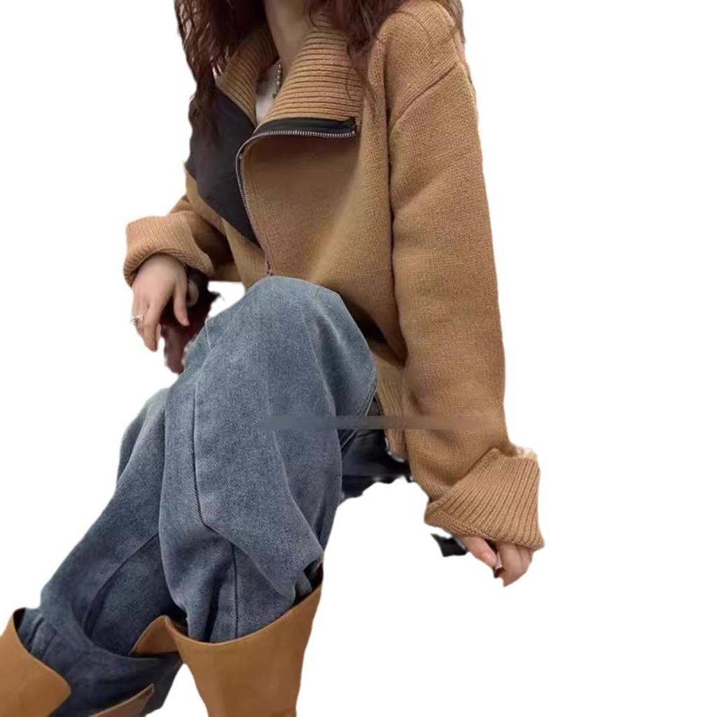 2024 Women's High Neck Asymmetrical Zipper Wool Cardigan - Cozy Loose Fit Sweater Jacket for Autumn/Winter, Korean Lazy Style