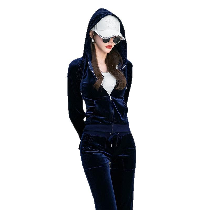 Women's Gold Velvet Tracksuit, 2025 Spring/Autumn Trendy Fashion Casual Hoodie Two-Piece Set