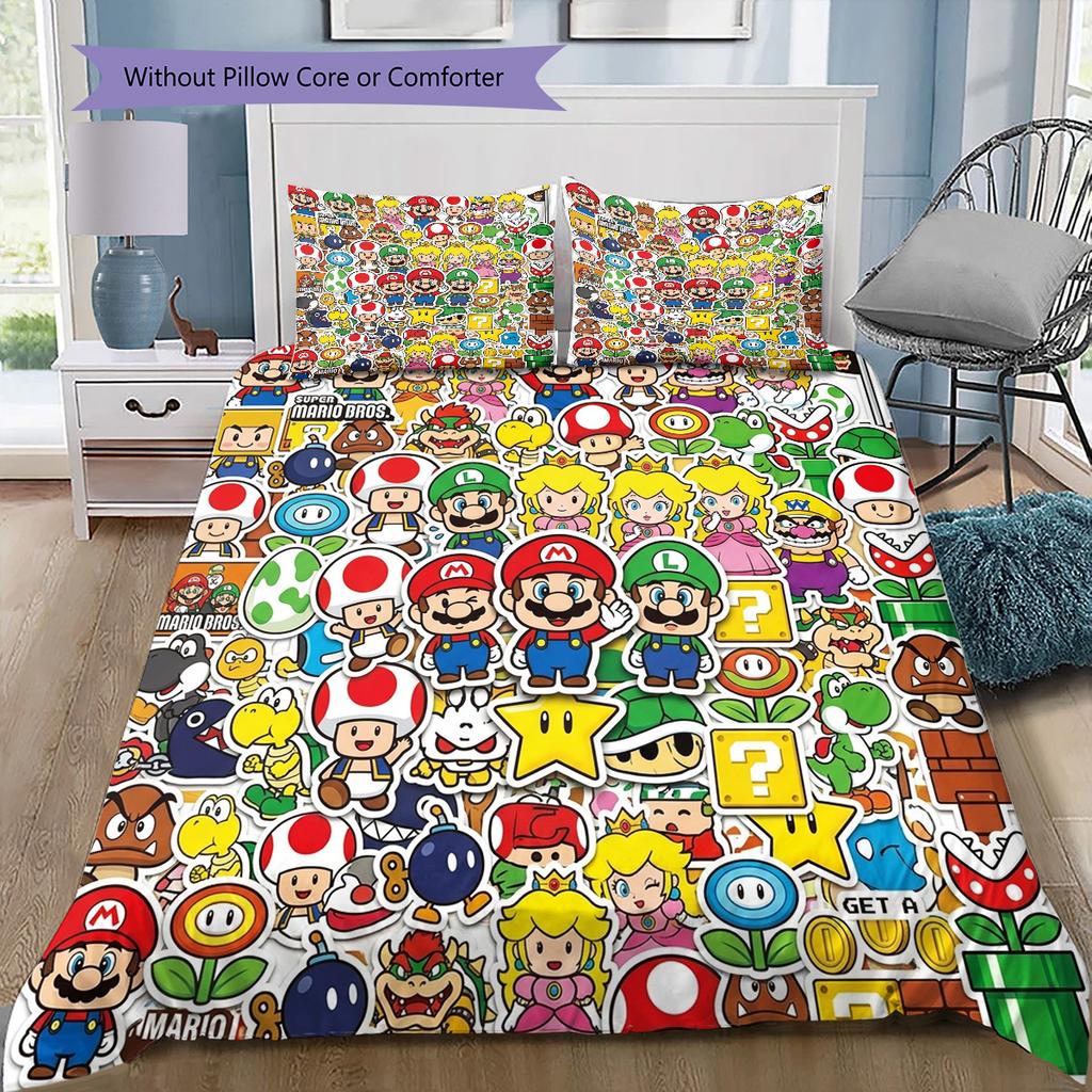 Super Mario Pattern Bedding Quilt Set Quilt Cover Pillowcase Home Birthday Gift(1 * duvet cover + 2 * pillowcase, without core)