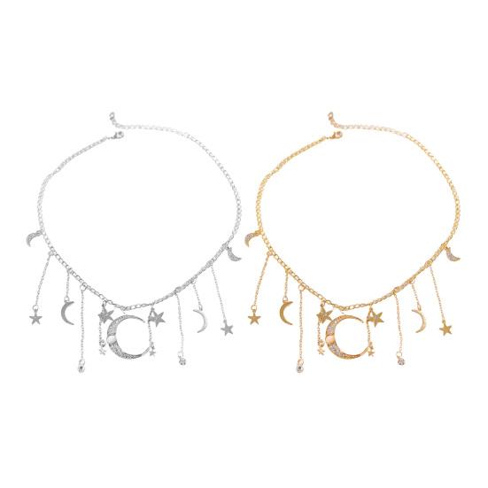 Star Moon Charms Necklace Boho Tassel Chain Choker Rhinestone Crescent Pentagram Fringe Charm Necklace for Women Dates Parties Jewelry