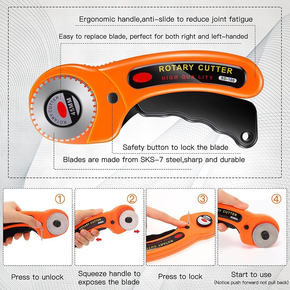 45mm Rotary Cutter with 5 Replacement Blades Fabric Cutter with Safety Lock for Sewing Fabric Leather Quilting Perforating Tool