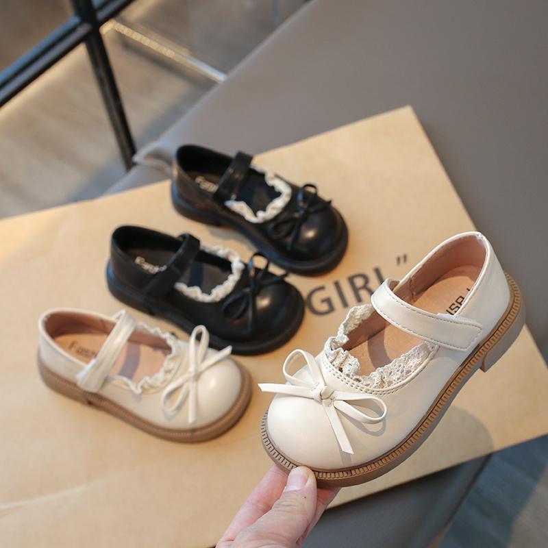 Girls Flat Shoes Round Toes Soft Sole Kids Princess Shoes Lace Simple Bow 2025 Spring Autumn Girls Leather Shoes Non-slip Ins