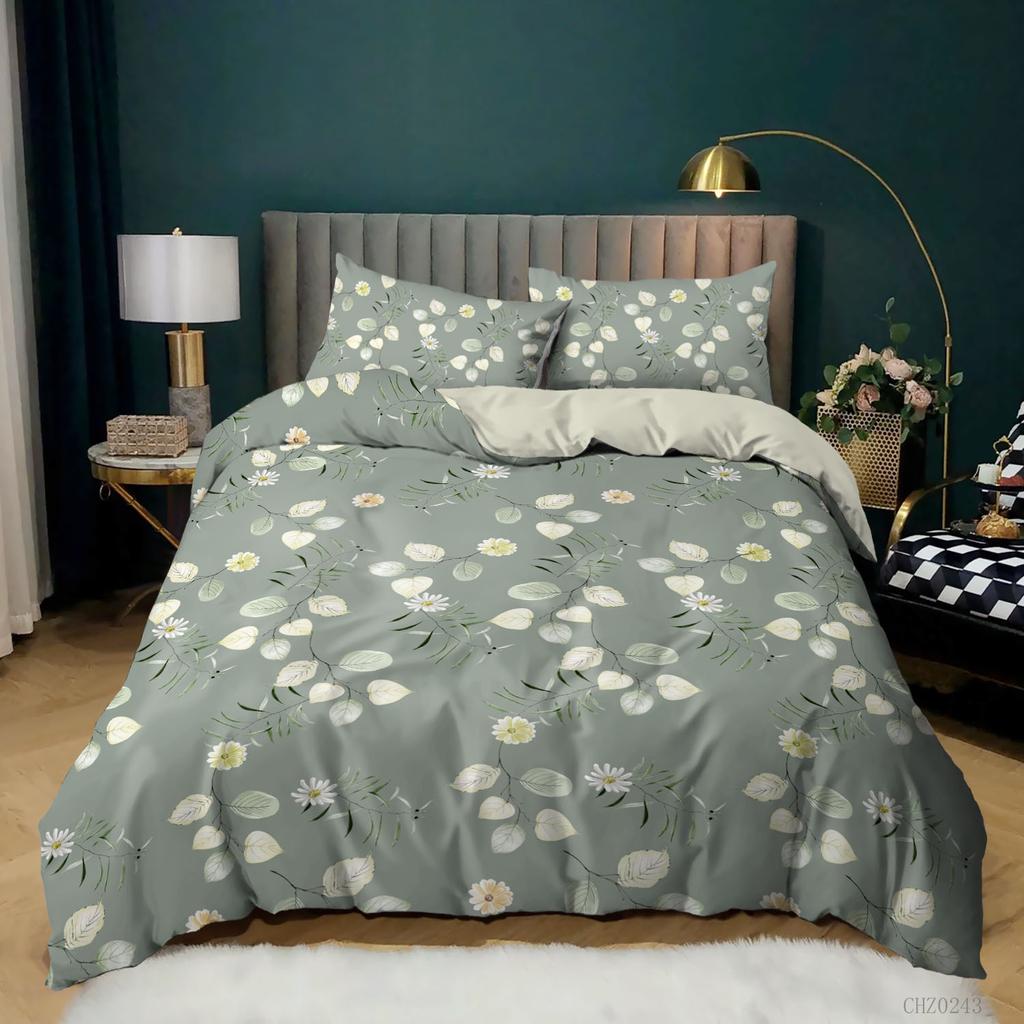 Floral Duvet Cover Queen,Green Botanical Duvet Cover Set,Garden Flower Leaves Branch Duvet Cover Soft Breathable Comforter Cover