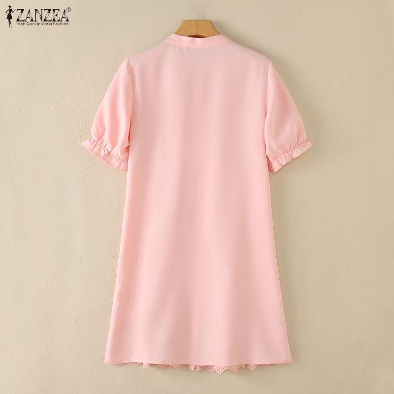 ZANZEA Women Daily Casual Round Neck Lace Crochet Splice Hem Loose Short Sleeve Dress