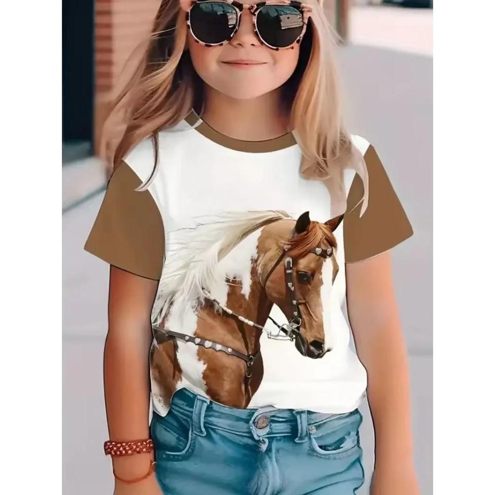 Fashionable Summer Children's Top Creative Colorful Cute Animal 3D Printed T-shirt Girls Comfortable Soft Breathable Short Sleeves T-shirt