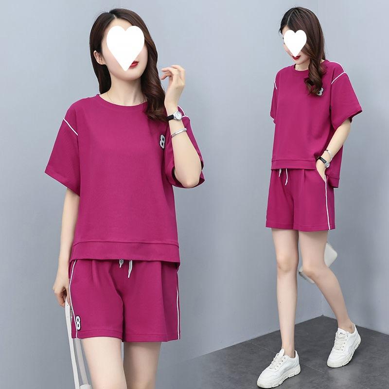 Short-sleeved Shorts Loose Suit Women's Summer Solid Color Round Neck Slim Sweatshirt Running Two-piece Set