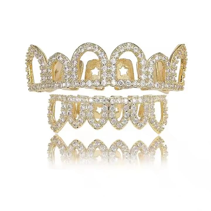 Fashion Iced Out Zircon Gold Plated Hip Hop Bling Body Jewelry Hollow Six Tooth Brass Grills for Parties Anniversaries Gift
