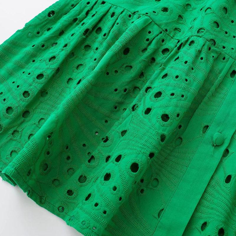 Women Vintage Three Quarter Sleeves Front Buttons Belt Green Embroidery Mini Dress