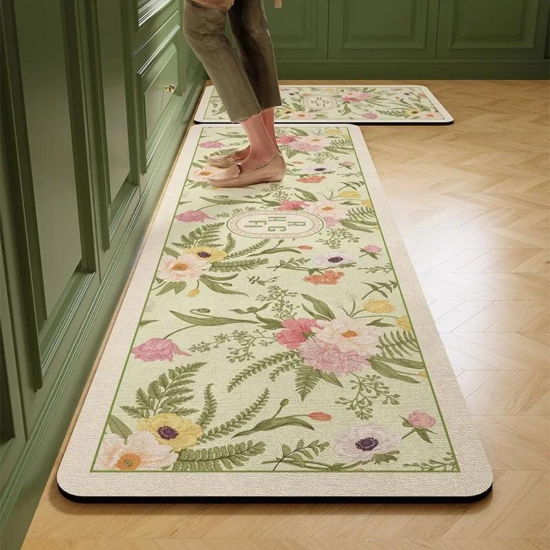 PVC Kitchen Carpet Waterproof Non-slip Oil-proof Leather Rug American Style Flower Pattern Floor Mat  Household Long Strip Mats