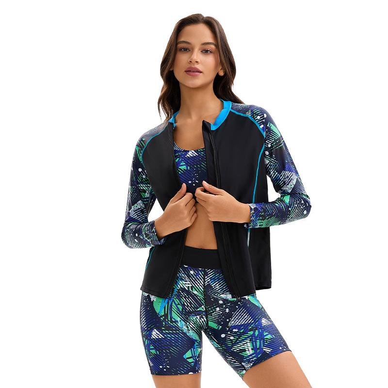 Γυναικείο Σετ Μαγιό 3 Τεμαχίων με Μπουφάν Μακρυμάνικο – Σπορ Τοπ Μπικίνι, Σορτς Ψηλόμεσο & Κάλυμμα με Φερμουάρ από Νάιλον