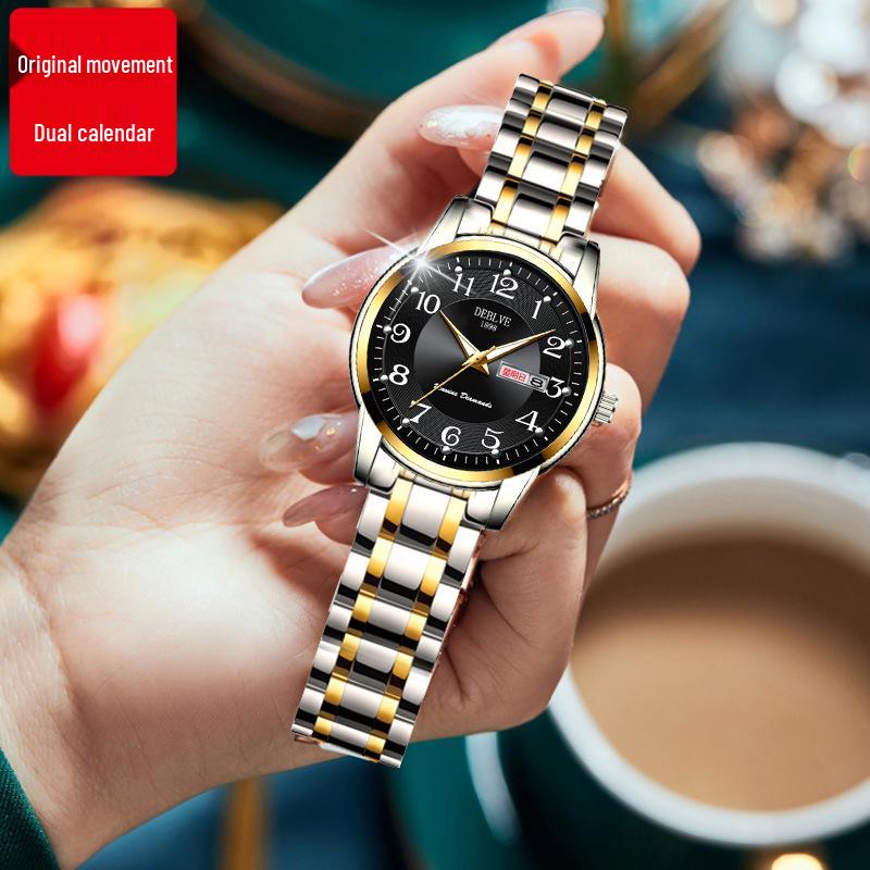 Montre à Quartz pour Femmes Ultra-Fine à Bracelet en Acier Double Calendrier Lumineuse Étanche Numérique Style Coréen