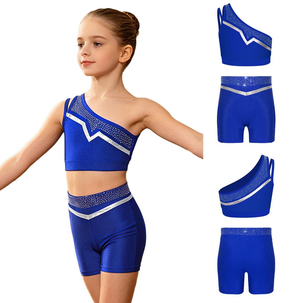 Kids Girls Gymnastics Dance Outfit One Shoulder Sleeveless Metallic Trim Shiny Rhinestones Crop Top with Elastic Waistband Shorts
