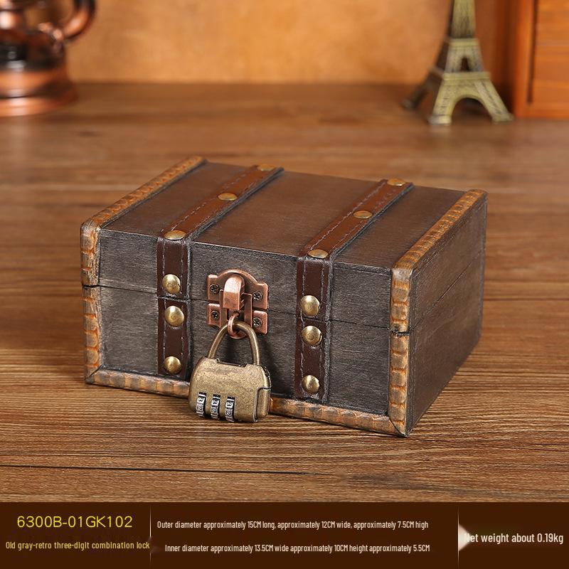 Vintage Gray Distressed Wooden Box with Combination Lock for Jewelry and Document Storage