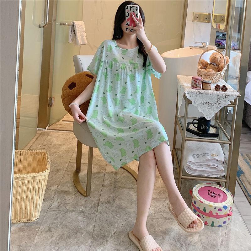 

Женская ночная рубашка из хлопка и шелка с мультяшным принтом — короткие рукава, легкая, летняя, пижама больших размеров для дома, весны и осени. One size (suitable for 85-155 lbs)