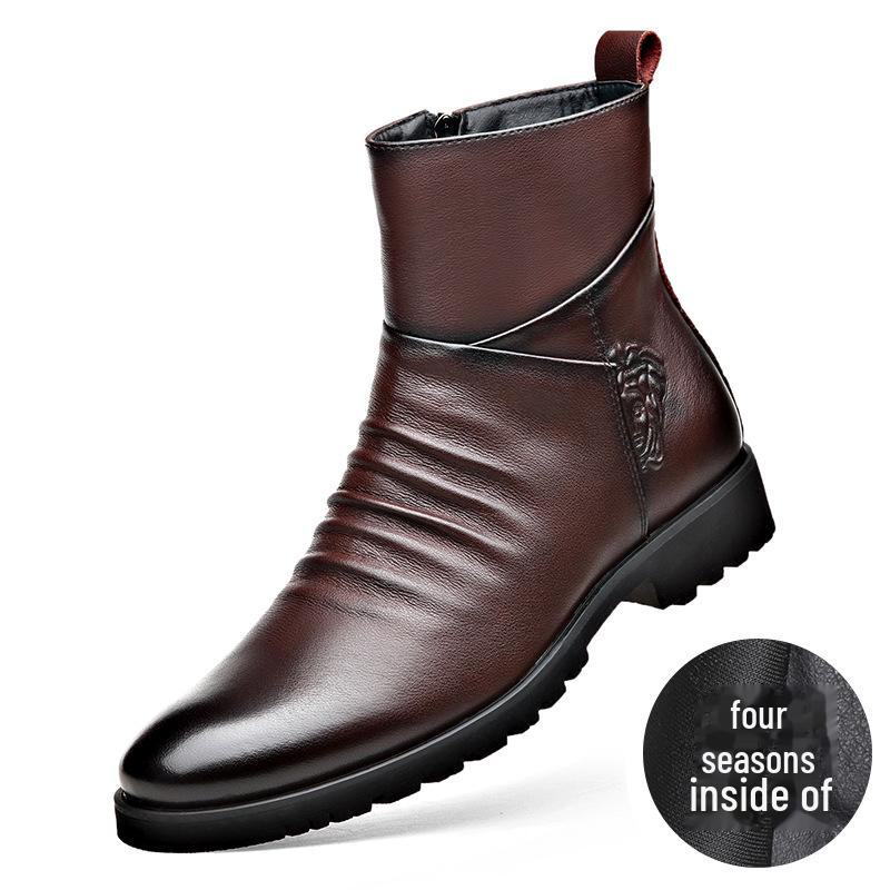 Men's Winter Casual Mid-High Martin Boots: Soft Leather, Comfortable, Fashionable, Side Zipper, Plus Velvet.