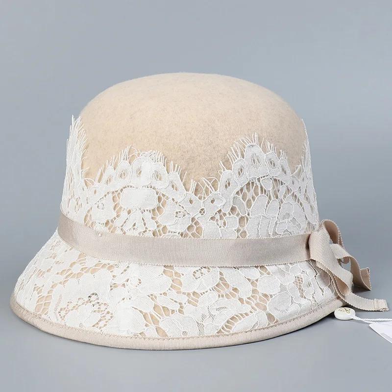 Französische Mode-Socialite Spitze Wolle Zylinder Hut Dame Herbst Winter elegant retro milchweiß Dame warm Fischerhut
