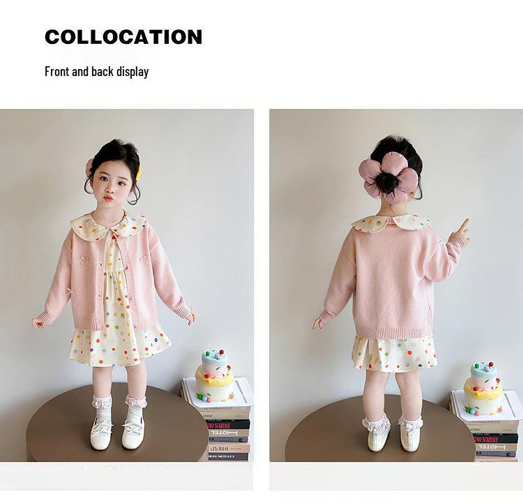 Girls' Polka Dot Doll Collar Knit Dress & Cardigan Set - Spring/Autumn Two-Piece Outfit
