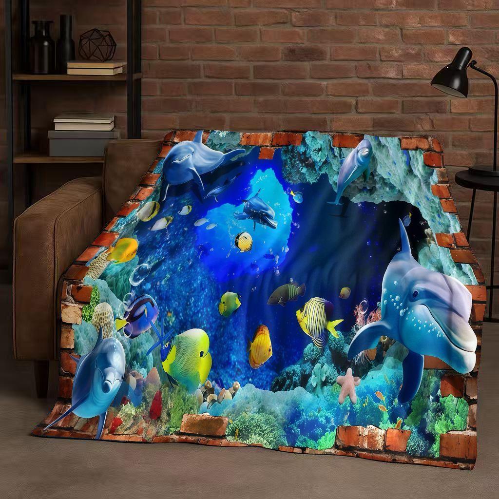 3D Illusion Underwater World Breaking Wall Art Flannel Blanket,Ultra Soft Warm Plush Throw for Home Bedroom Bed Sofa Cover Gift