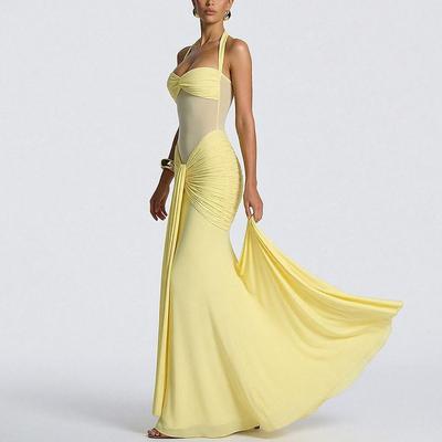 European and American Women's Clothing, New Spring Models, Neck Strap, Solid Color Hip-wrapped Long Dress Dress.