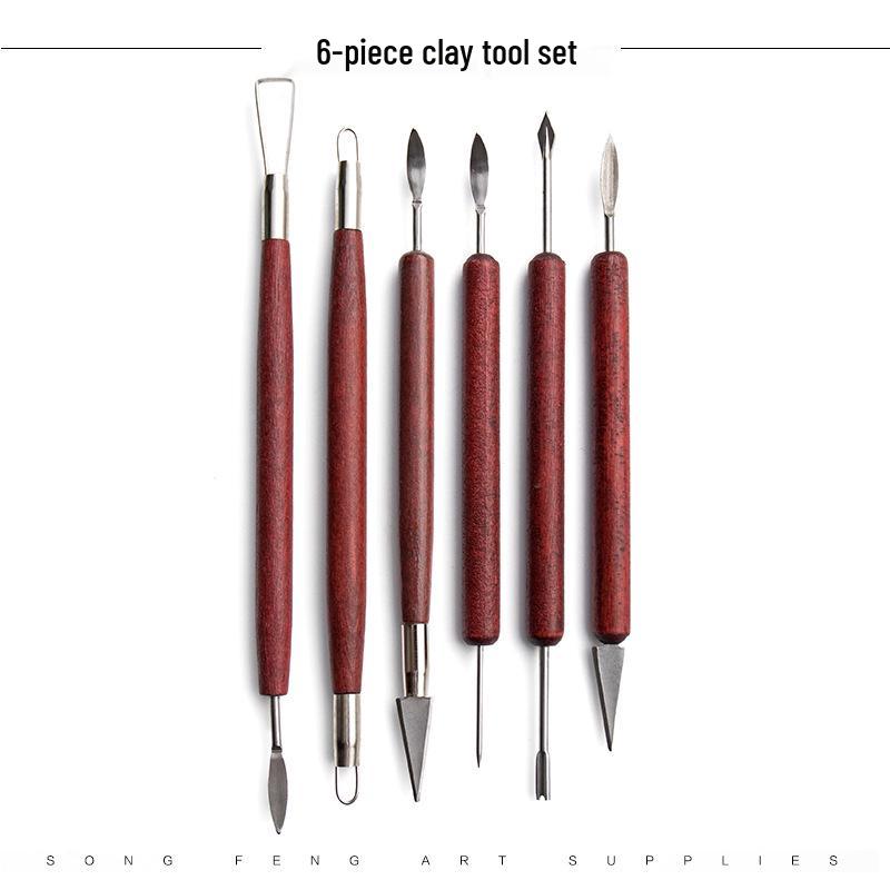 6-Piece Pottery Clay Tool Set: Double-Headed Lace and Sculpture Knives with Red Wood Handles