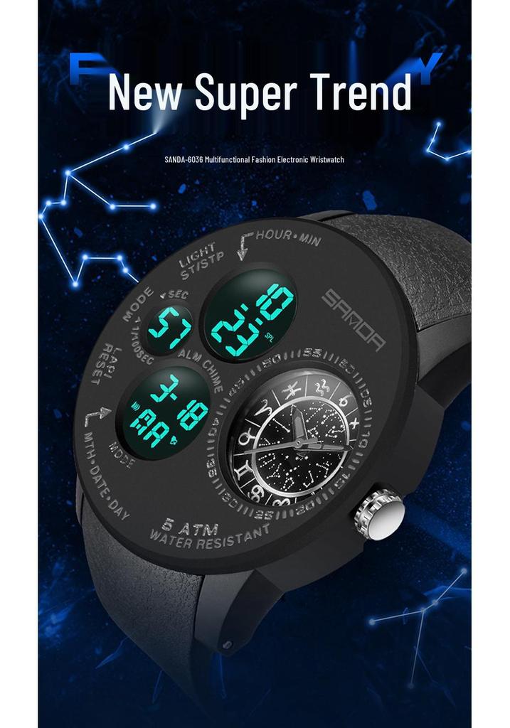 Sanda Men's Multifunctional 12 Constellation Dial Waterproof Electronic Watch