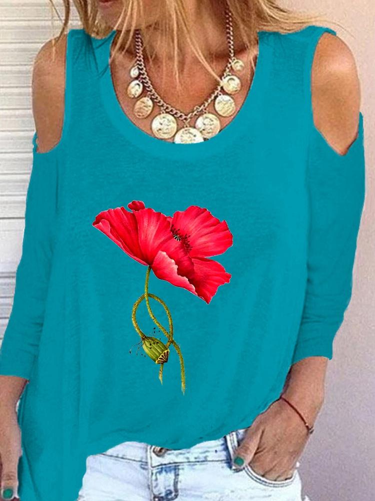 

Женщины Весна и осень Мода Свободные длинные рукава Круглый шея Цветы Принтовая футболка Дамы Повседневный с плеча Топы Блузки Плюс Размер